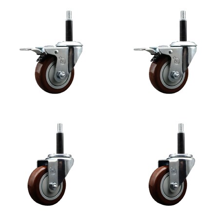 Service Caster 3.5'' SS Maroon Poly Swivel 3/4'' Expanding Stem Caster Set 2 Total Lock Brakes, 4PK SCC-SSEXTTL20S3514-PPUB-MRN-2-S-2-34